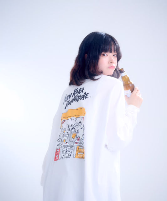 【長袖】『昼から呑んだくれ』back print T-shirt（white）
